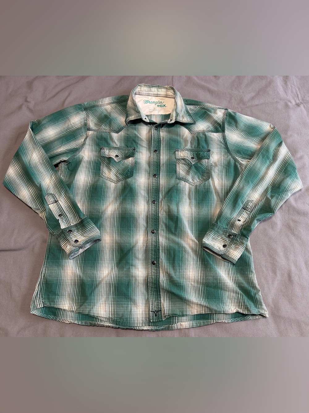Wrangler 20X Pearl Snap Shirt Long Sleeve Men's XL Green Plaid Western Rodeo